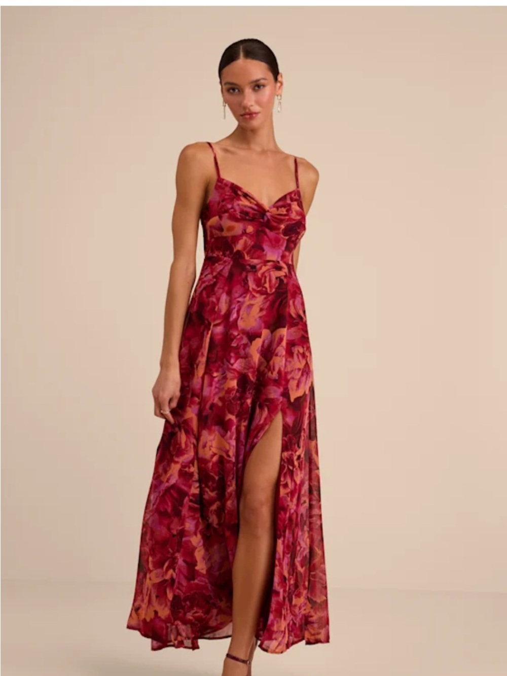 Lulu's Floral Satin Slip Maxi Dress in Burgundy and Magenta M